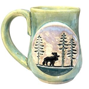Handmade Pottery Moose Mug Small 7oz Rustic Cabin Espresso Cup Woodland Trees